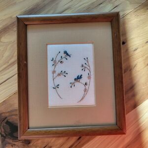 Charming Hand Embroidered Vintage Blue Bird Wall Art - Set of 2